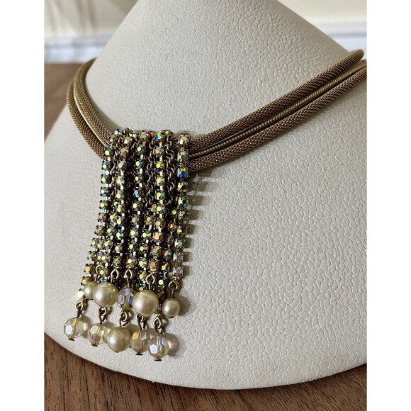VTG Regency Gold Tone Faux Pearl Aurora Borealis Waterfall Mesh Necklace - Picture 2 of 9